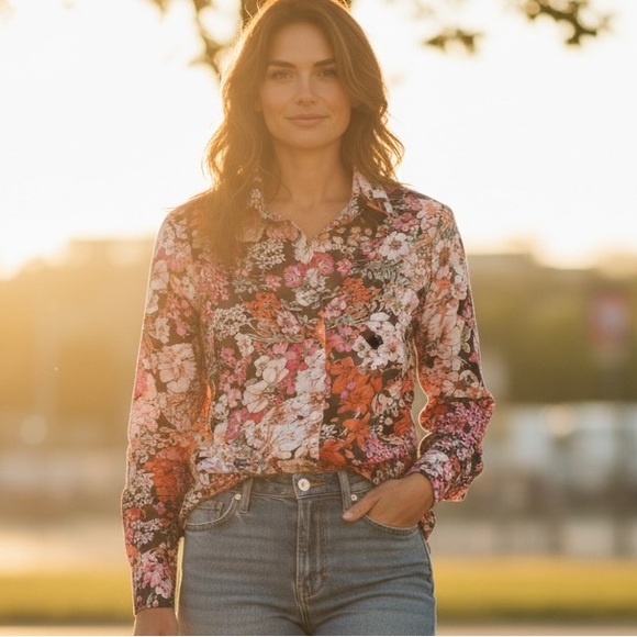 Liva Girl Tops - Floral Women's Blouse in Vibrant Pink and Orange